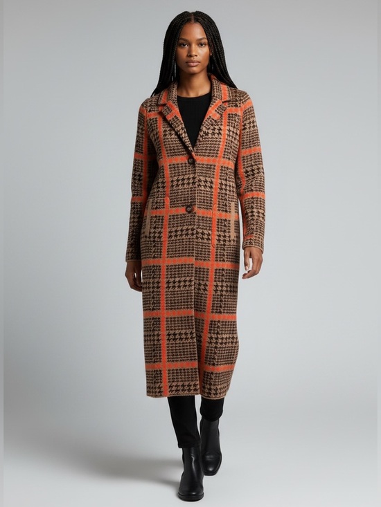Christian Siriano Sweaters - Christian Siriano Houndstooth Red Tan Black Long Knit Sweater Pockets Size Small